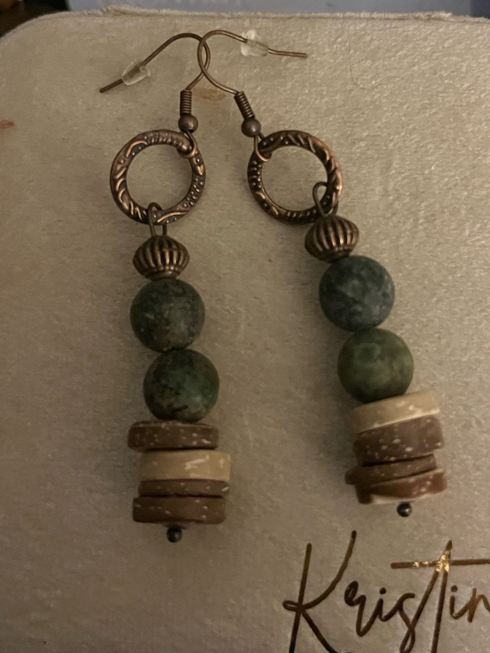 Green Stone and Natural Tones Drop Earrings